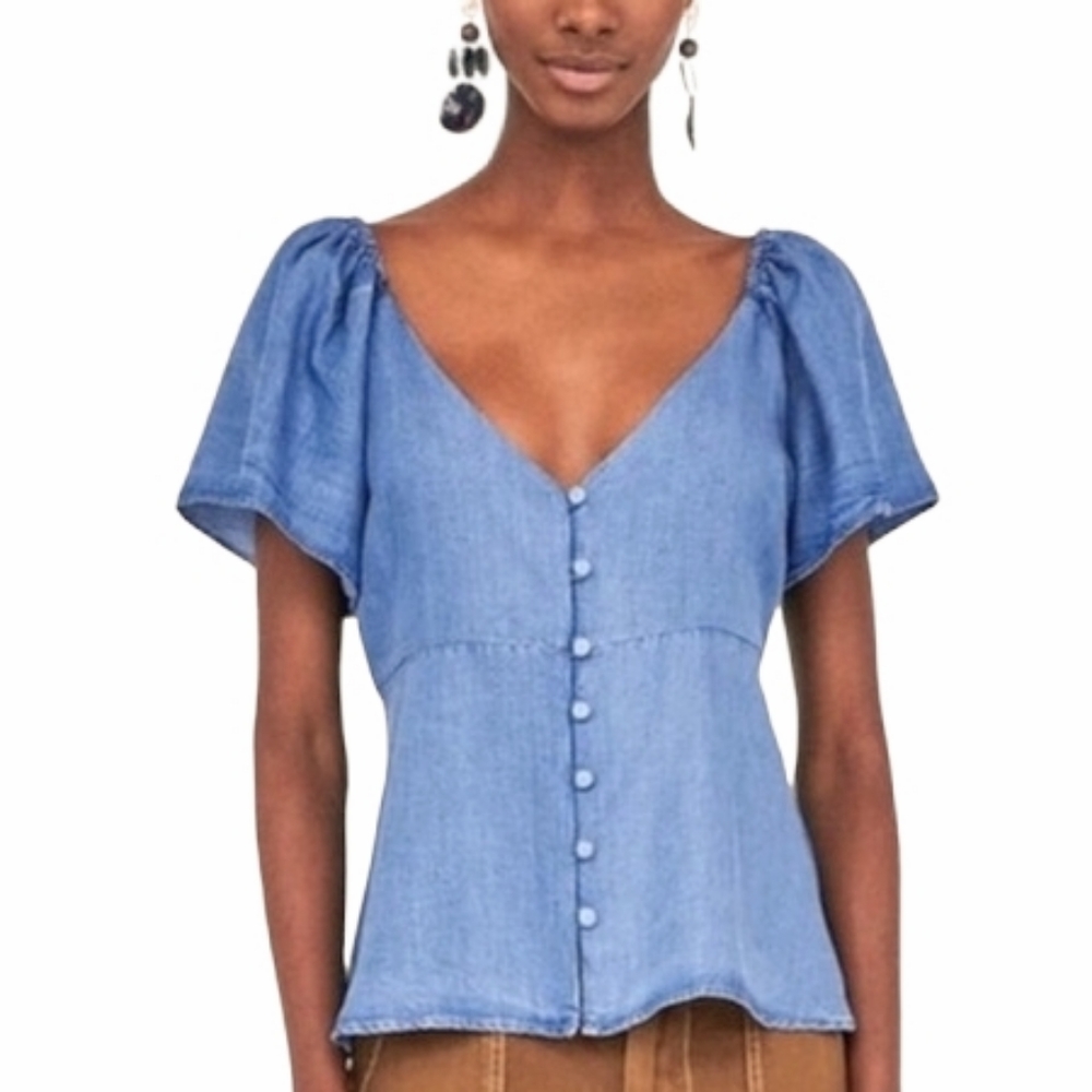 Zara Chambray Butterfly Sleeve Button Top